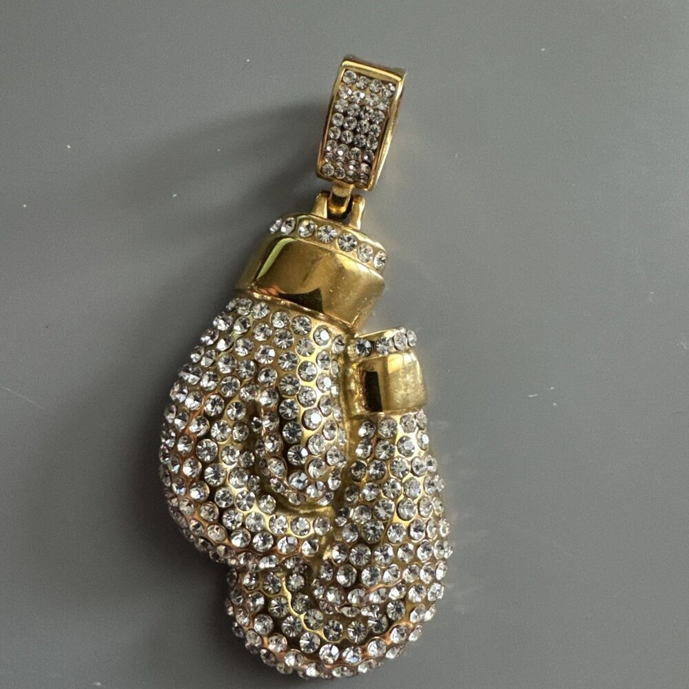 Boxing Gloves Pendant Gold Plated Stainless Steel 24 Inch Chain Zirconia Boxer